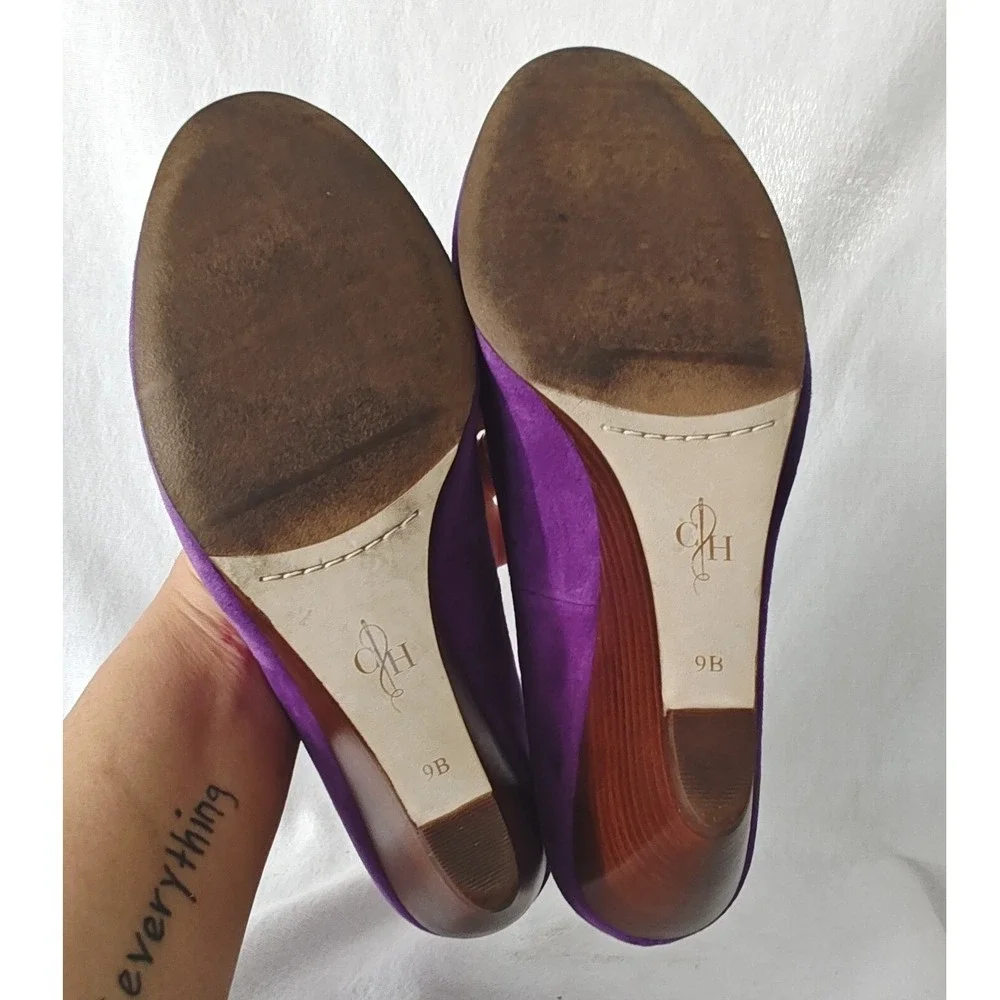 Cole Haan Air Lainey Wedge Pumps Purple Suede Round Toe Stacked Wood Heel 9B